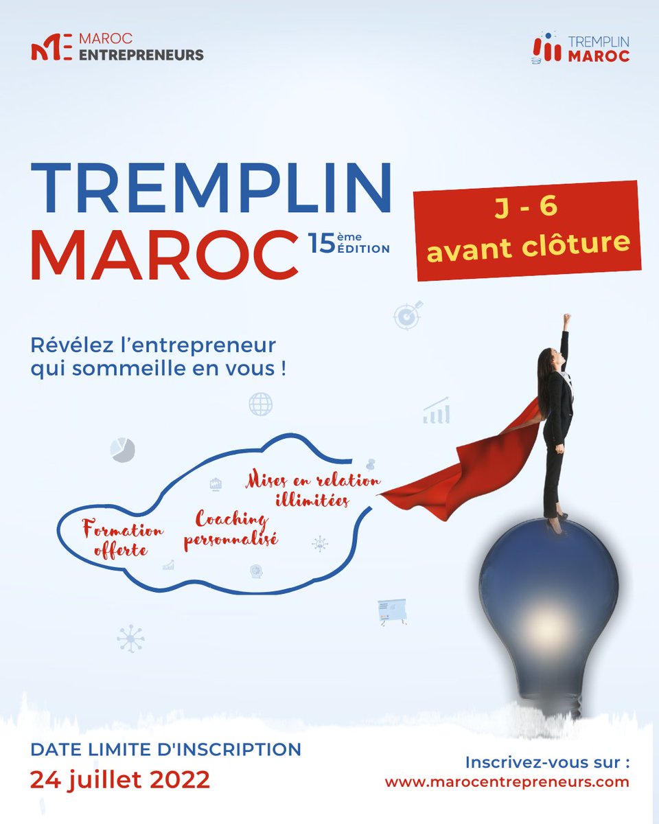 ⏱️J-6 avant la clôture des candidatures ! ⏳

🚀 Postulez vite à notre programme d'accompagnement personnalisé Tremplin #Maroc et avançons ensemble pour la réalisation de votre projet ! 🤝

Inscrivez-vous 👇👇
bit.ly/3b70J0M

#startup #innovation #entrepreneuriat #france