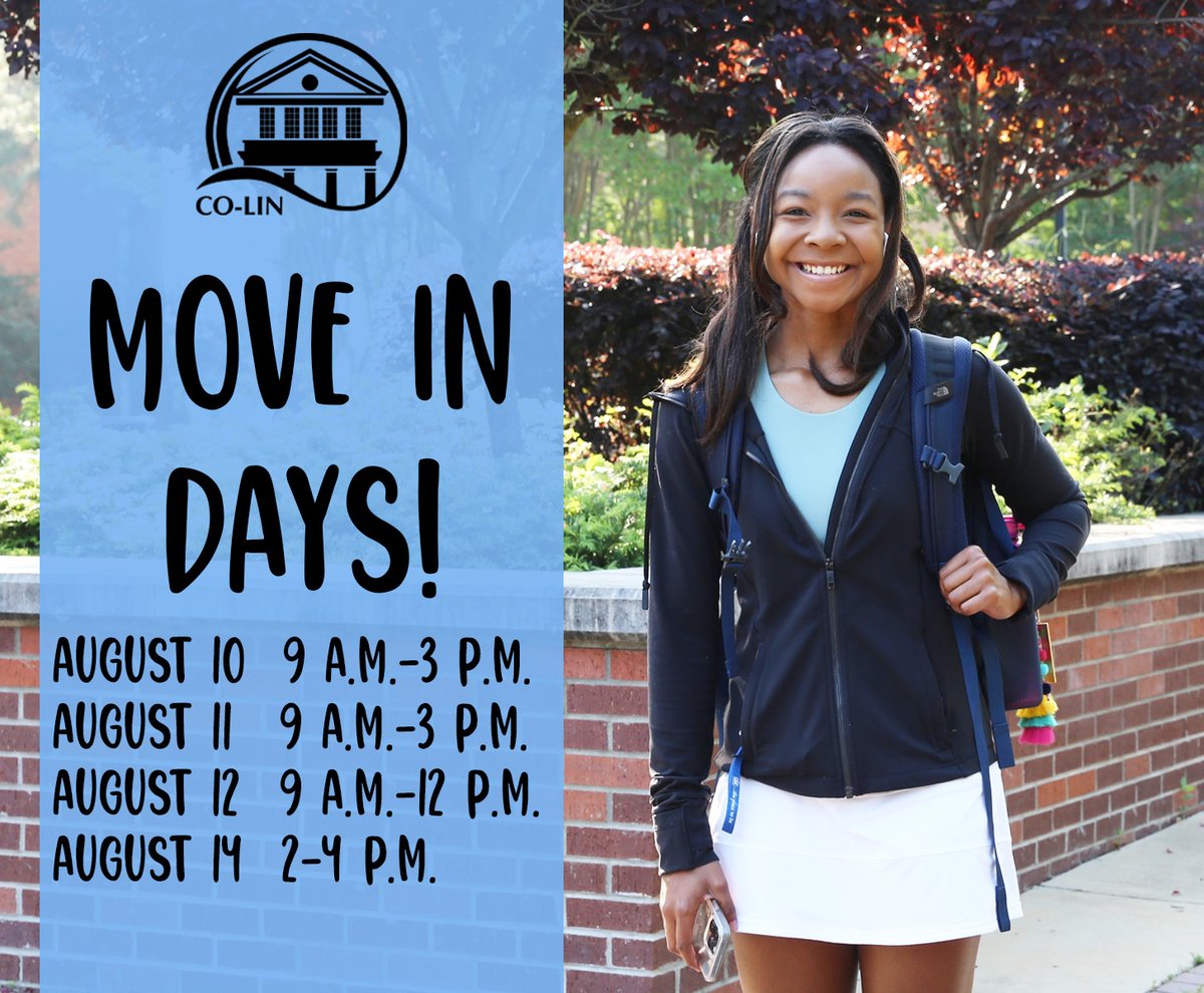 CopiahLincolnCC's tweet photo. Start packing! Move-in days are officially on the calendar. We can't wait to welcome students back to campus. #ChooseCoLin https://t.co/fXGXk8KHwA