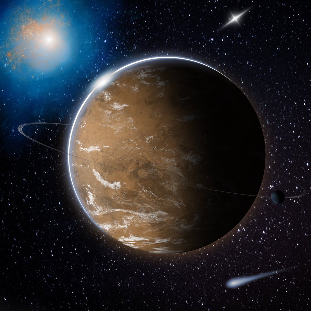 Good Morning #NFTCommunity Here is a new planet for you. Its unique in the sense of having a satellite a ring a nebula and a bright stain the background. #SPace #Planet #Nebula #NFTs.🌞 Do visit our website -world-nft.com #MintIsLive 🌞Discord : discord.gg/MJ2REfF6