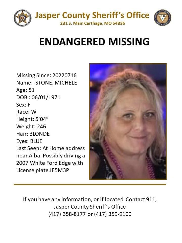 JoplinNewsFirst's tweet photo. Michele Stone, 51, is missing from Alba, Mo. >> https://t.co/Bu41mGhWH6 — We talked to her daughter w/sense of urgency in her voice, dog also missing. Her vehicle does not have AC. @koamfox14 #joplinnewsfirst #shanbecker #missing #missinginmo #missingperson #missingmichelestone https://t.co/ALHkInLjHs