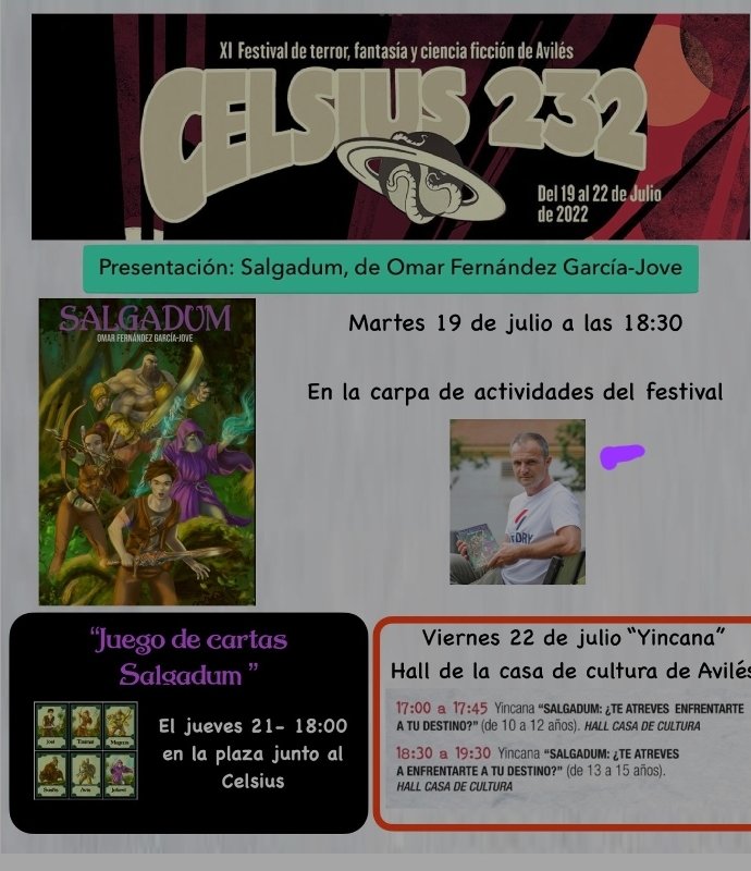 No te lo pierdas, hoy 19 julio Salgadum de <a href="/omarfgj/">Omar Fdez García-Jov</a> llega al
Celsius de Avilés . Habrá presentación de la novela. Además,  juego de cartas y yincana. <a href="/Salgadum/">salgadum @omarfgj</a> #nosvemos en <a href="/festivalcelsius/">Celsius 232</a>