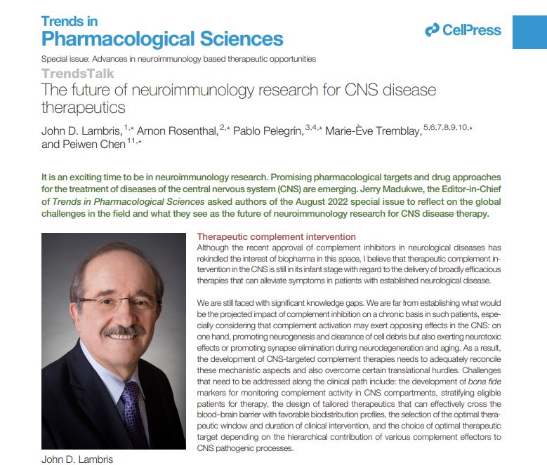 In a TrendsTalk article of our August special issue @LambrisJD, Arnon Rosenthal, @LaboTremblay @PelegrinPablo and @PeiwenChen9 reflect on the future and global challenges in the neuroimmunology research field for CNS disease therapy. Read more. cell.com/trends/pharmac…