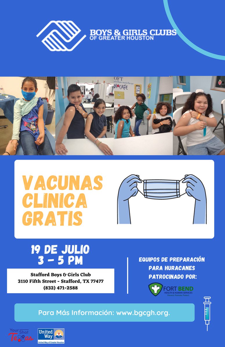 Don't forget about our vaccination clinic taking place tomorrow, July 19th, at our Stafford Boys & Girls Clubs location from 3-5 PM. For more information, please visit our website at bgcgh.org