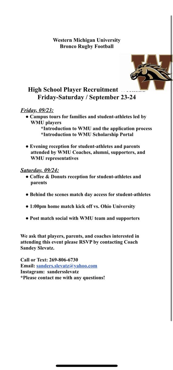 SAVE THE DATE: Western Michigan University has a recruiting weekend 9/23 and 9/24. Please see the attached images if you are interested. We must #growthegame from the youth to college level! #rugbyohio