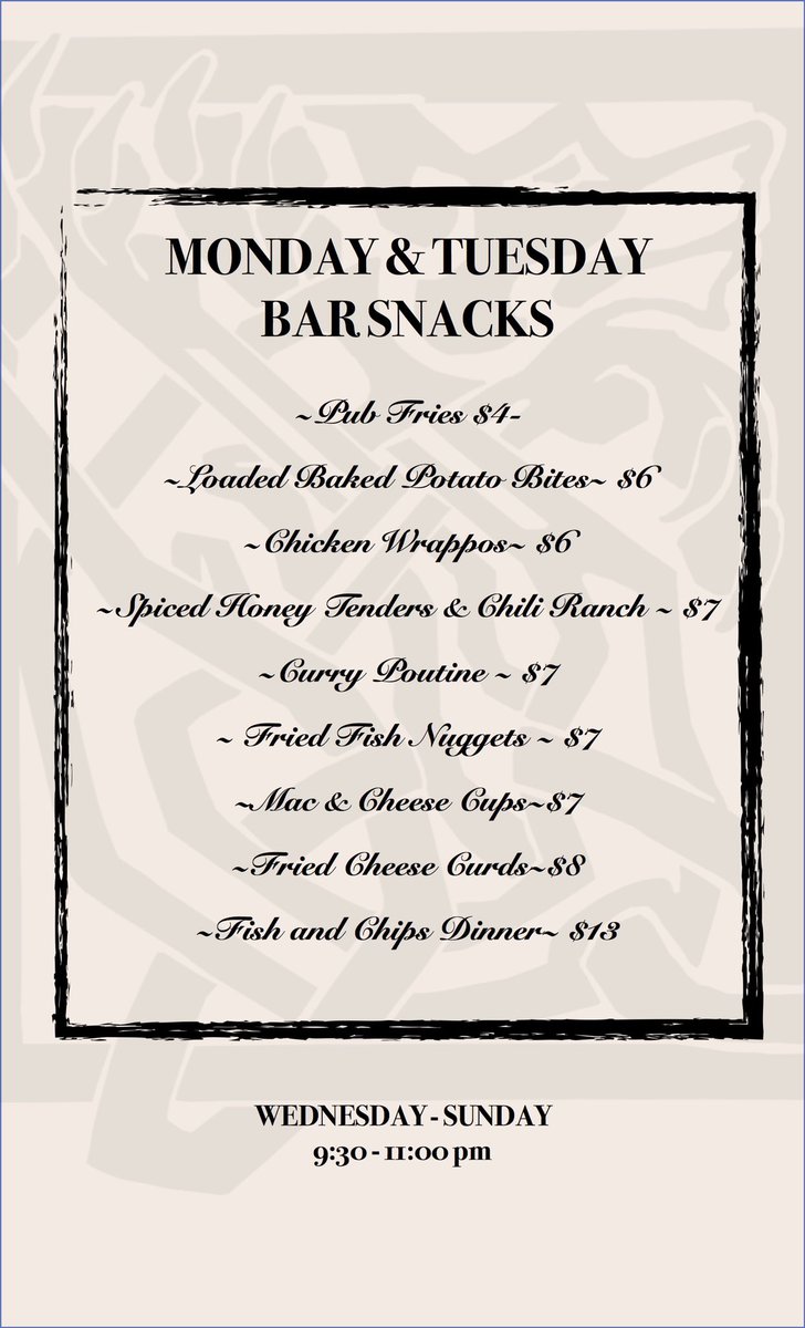 So we have a bit of news! Tonight we are launching our Bar Snack Menu that will be available on Mondays &amp; Tuesdays from 5pm - 11pm. The Bar Snack Menu will also be available Wed - Sun from 9:30pm - 11pm. Join us tonight for Open Mic &amp; try our new snack menu!