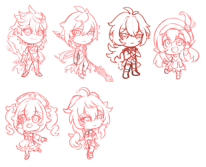 CPXapple's tweet photo. My #sketchprogress in stream today for #GenshinImpact #chibiart #characters . So far I have #childe #zhongli #Diluc #Klee #Ganyu and #Barbara once I have 8 in here I will start doing #pixelart of them hehe https://t.co/d2sPc0yqEb