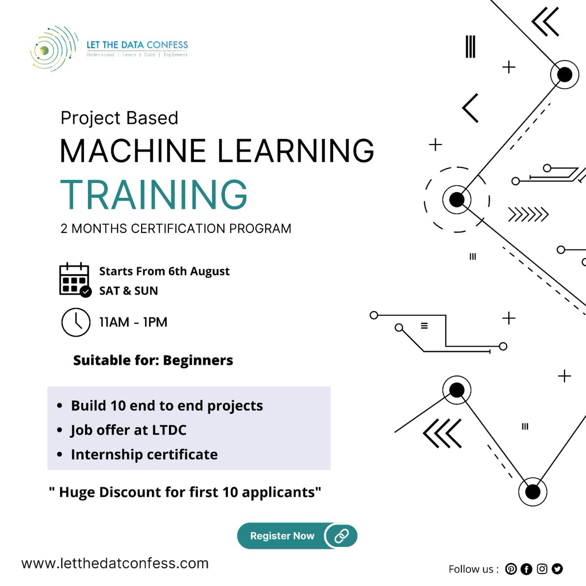 letdataconfess's tweet photo. We at Let The Data Confess are excited to launch our first unique live Machine Learning training program for beginners..!! 🤗✨✨

So what will you get through this program?🤔😇

For more details, curriculum, project lists and discount, visit website👇🏻👇🏻
https://t.co/HabKCXJgcF https://t.co/qQC6OhV80b
