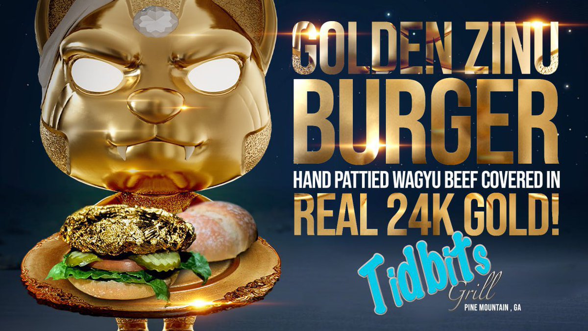 Ready for a truly epic, one of a kind, dining experience? Feast your eyes on the opulent new Golden ZINU Burger 👀👑🧟‍♂️🐶🍔  #ZINU #ZombieMob #ZMSS #GoldenZINUBurger🍔 #TidbitsGrill @ZinuToken 

Available starting 8/2/22 and only at Tidbits Grill 👑🧟‍♂️🐶🍔
