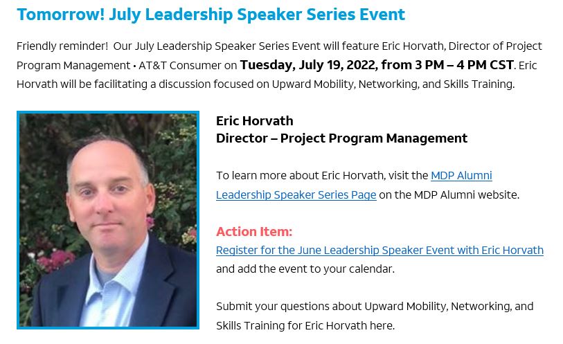 Tomorrow! July Leadership Speaker Series Event.
.
.
.
You won't want to miss it! Register now at:
enterprise.web.att.com/event/register…
#MDPAlumni