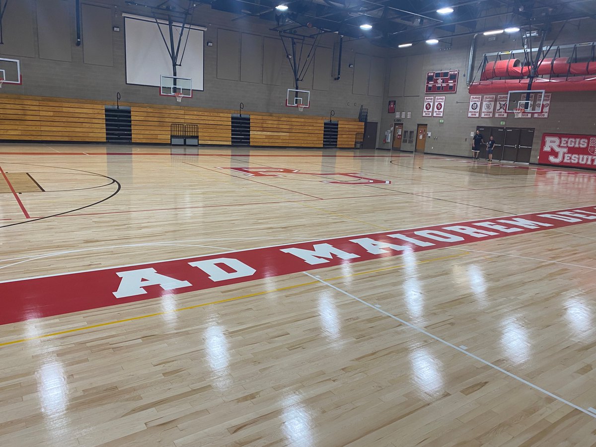 Look how shiny! The floor of the Guy Gibbs '47 Gym was repainted this month for the first time in more than 15 years. Think you could see your reflection in that shine. #RJSummer