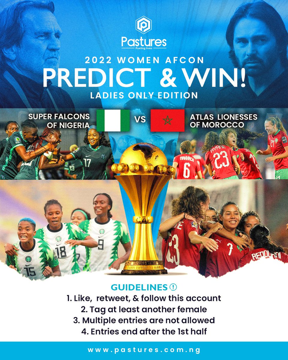 PREDICT &amp; WIN! 📲 #MORNGA
 #TeamMorocco 🆚 #TeamNigeria ⏲️ 9pm 
NEW RULE: guys are allowed to participate but will only win IF all the ladies get it wrong.

#SoarSuperFalcons #TotalEnergiesWAFCON2022 #GoingFor10 #WeCountOnYou #pasturesng #PHCity #phtwittercommunity #WAFCON2022