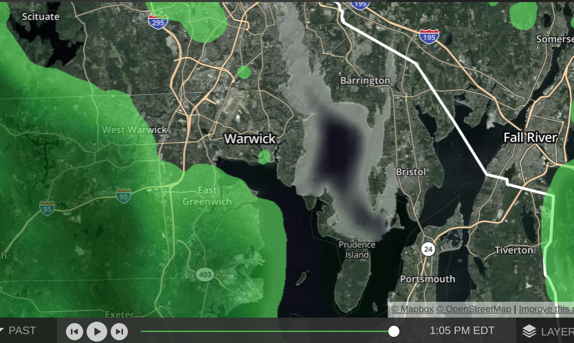 Hey Fox25 Weather Team @JBrewerBoston25 
Looking at the Interactive Radar, and wondering what that big gray blob is just to the east of Warwick and covering Prudence Island? It's been there all weekend!