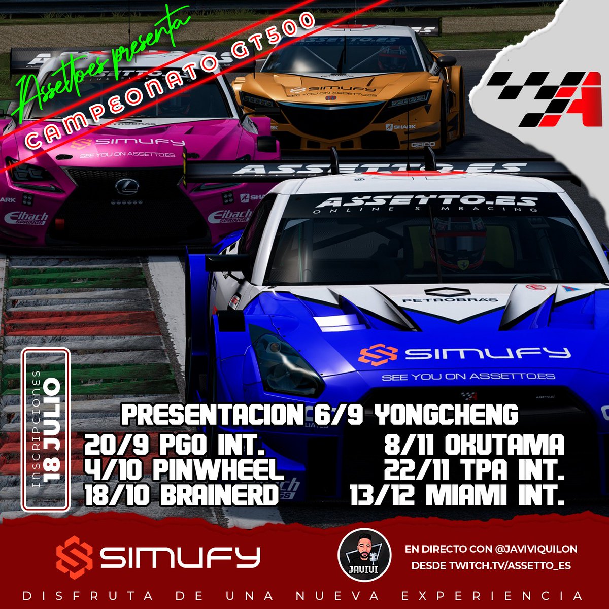 🚨A las 20:00 se abren las inscripciones de la nueva temporada!

🔴Tendremos en cabina al gran <a href="/JaviviQuilon/">Javier Quilón</a> , a la pareja de Assetto Hosting Alejandro Ramos junto a <a href="/cbarranco__/">Carlos Barranco</a> y estamos trabajando en mas cosas, seguid atentos! 

<a href="/AC_assettocorsa/">Assetto Corsa</a>
<a href="/SimRacer_es/">simRacer</a> <a href="/SimRacer_es/">simRacer</a>