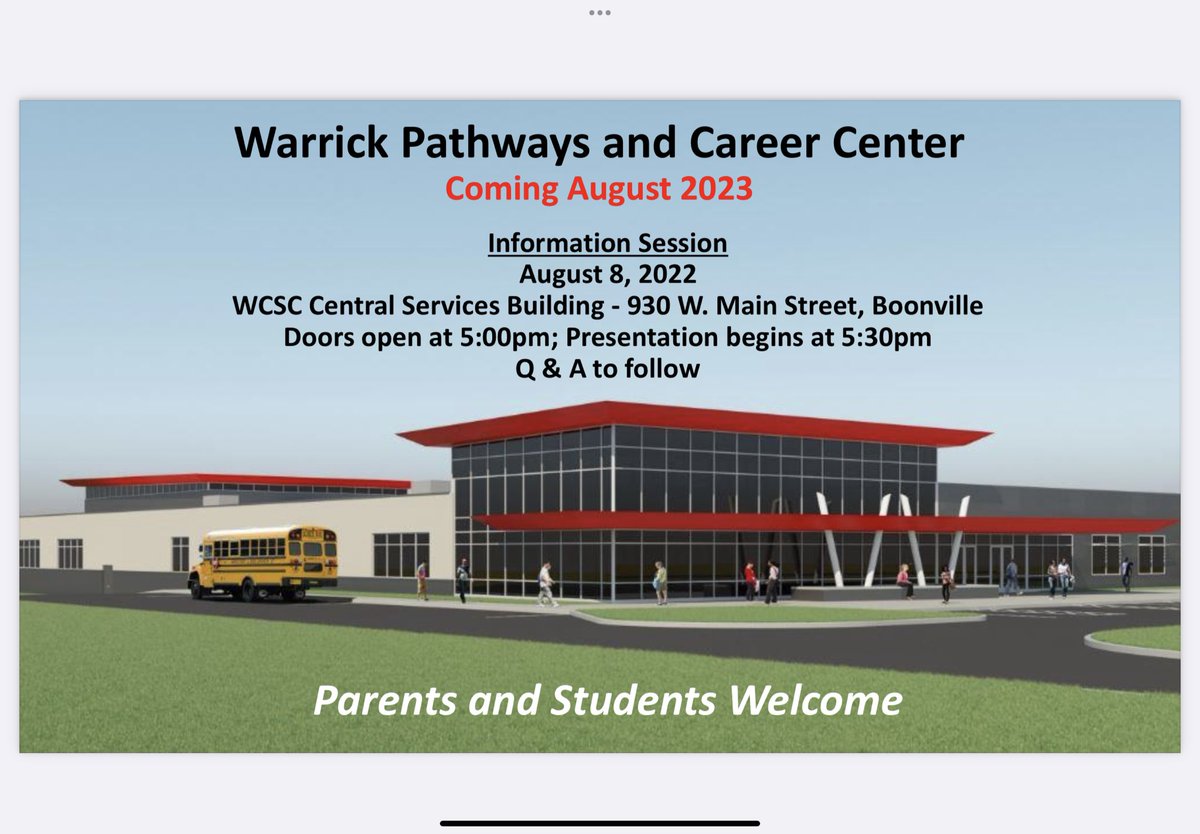 Please mark Monday, August 8 on your calendars if you are interested in learning more about the Warrick County Pathways and Career Center. We will continue to advertise for this important event. Please retweet and share! #WCSCProud