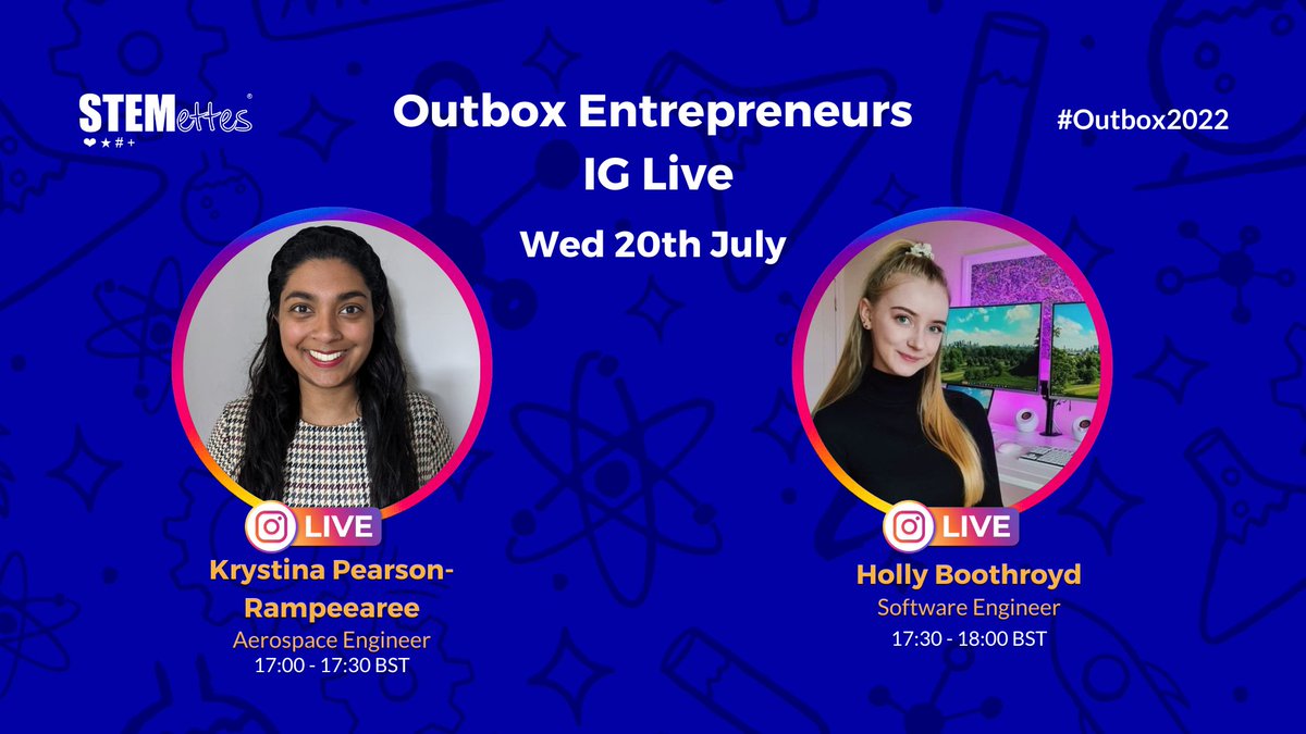This Wednesday, <a href="/aimafidon/">She's in CTRL - OUT NOW - Anne-Marie Imafidon</a> hosts an IG Live with Krystina <a href="/AviateHerUK/">AviateHer</a> &amp; Holly <a href="/hollyboothroyd_/">Holly B | Software Engineer II | HerHelloWorld</a> to talk about being entrepreneurial #WomenInSTEM &amp; to find out more about Stemettes Outbox Entrepreneurs programme ✨

#Outbox2022
#WomenInTech
#WomenInAviation
