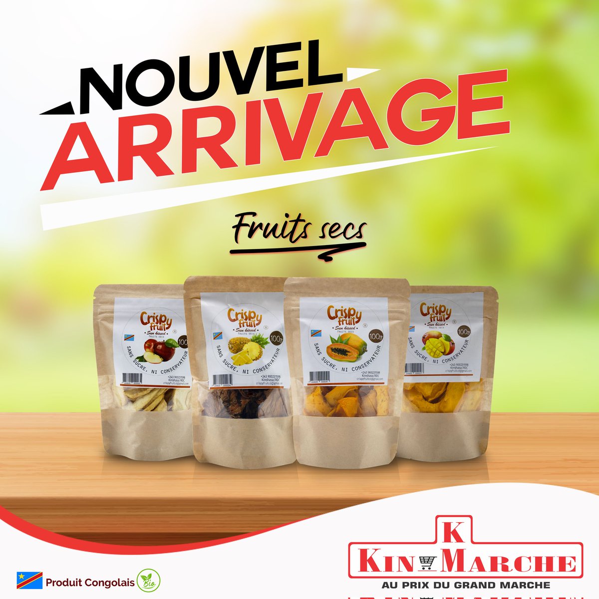kinmarche's tweet photo. Croustillantes et aromatiques! Retrouvez les fruits secs CRISPY FRUITS dans nos magasins.
#kinmarche #supermarche #nouvelarrivage #kinshasa #crispyfruits #fruitssecs #congokitoko #rdcongo #Kivu #mboka #produitcongolais https://t.co/GMs95P2XJw