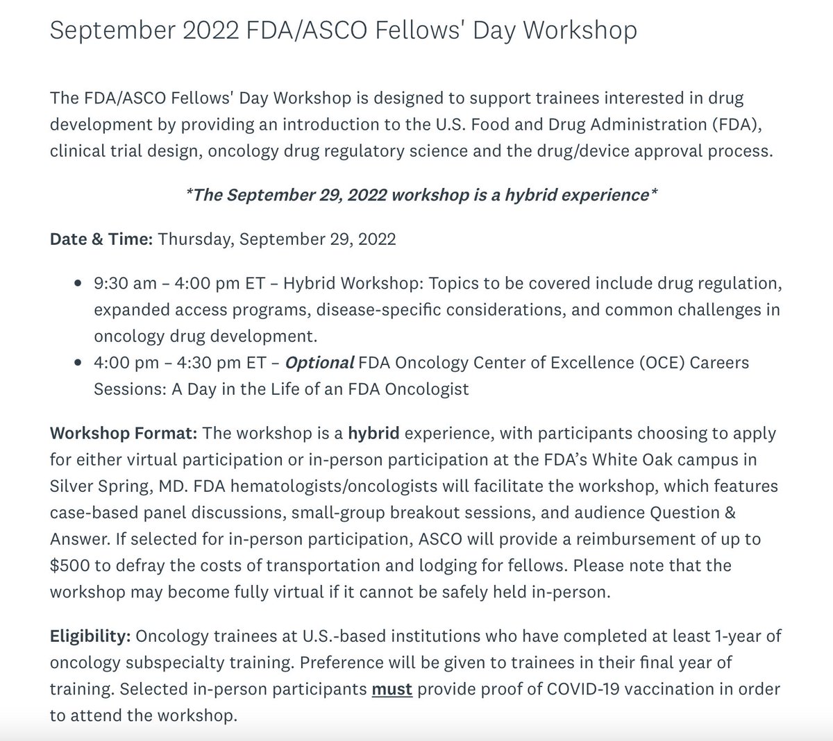 .@HemOncFellows, apply now 'til 7/30 for Th 9/29/22 #FDA_ASCOFellowsDay Workshop: bit.ly/3zfY2nd 👉Any US-based #OncTwitter trainee in yr 2+ 👉Hybrid: FDA campus (DC area) or online 👉#MedEd: #OncTwitter #clinicaltrials, #drugdevelopment, #regulatory 👉Travel stipend