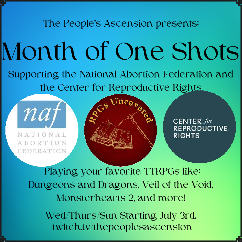 RPGsUncovered's tweet photo. CASTING CALL!!!
2 more weeks of July means 2 more weeks of #MonthofOneShots in support of #ReproductiveRights. If you'd like to join us as a player or GM for this #charity drive, please fill out the form below.
https://t.co/jS9Hh8qH2J
#ttrpg #dnd #castingcall https://t.co/TCkbmlk6xC