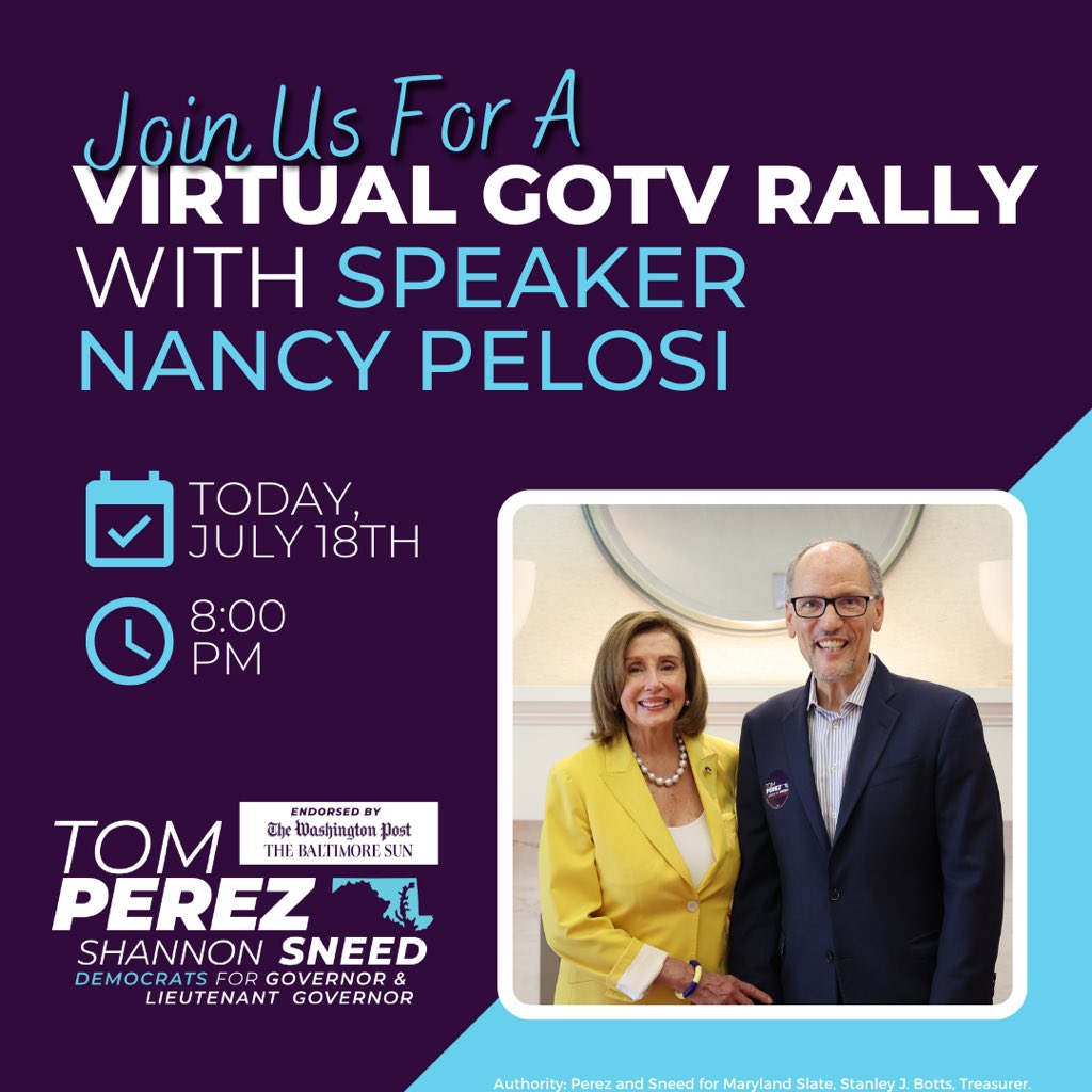TomPerez's tweet photo. BIG NEWS! 

#TeamPerezSneed is hosting a free virtual Get Out the Vote Rally with special guest U.S. Speaker of the House @TeamPelosi TONIGHT at 8 p.m. 

RSVP for details here: https://t.co/gMcZsolz4Y

Hope you’ll join us! https://t.co/qcWRxtXd9c