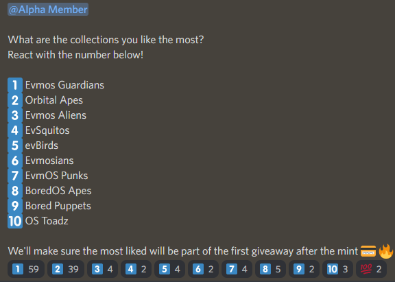 Who is gonna win this race?🏁

Come and join our discord to vote your favourite collection! 🔥

discord.gg/gDbQHHxv

@EvmosGuardians <a href="/OrbitalApes/">ORBITAL APES ☄️</a> @EvmosAliens <a href="/EvSquitosNFT/">EvSquitos NFTs 🦟 ⚛️ || MINTING OPEN</a> <a href="/evBirdsNFT/">EvBirds NFTs 🦉⚛️</a> @Evmosians <a href="/EvmOSPunks/">EvmOS Punks | MINTING ⚛️</a> <a href="/BoredOSApes/">Bored OS Apes ⚛️- Public Mint LIVE</a> <a href="/BoredPuppetsNFT/">BPYC Multi Chain NFT 🌐</a> @OSToadz