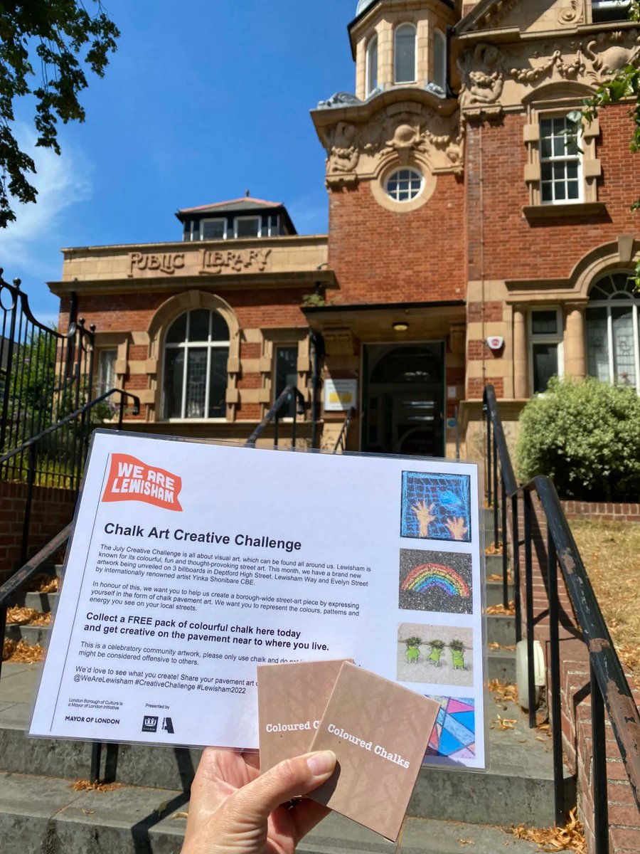 LibrarySE23's tweet photo. Get chalking up the streets of Lewisham for the July visual art #creativechallenge 

Pick up a free pack of chalk from our Library from Wednesday, chalk a creation on a street near you, take a pic &amp; send it by tagging @WeAreLewisham on social media!

@LewishamLibs #Lewisham2022 https://t.co/jDAFUOzcCb