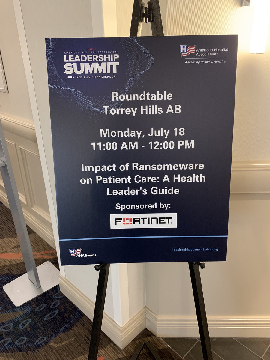 Starting in 30 minutes 
@Fortinet Healthcare Field CISO Troy Ament will be presenting today “The impact of Ransomware on Patient Care” at the American Hospital Association Summit with his special guest @FortinetPartner WWT Justin T. Collier, MD  #healthcare #AHAsummit