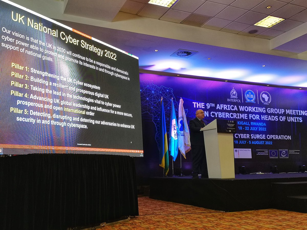 AndyChadwickUK's tweet photo. Presented an update on the UK National Cyber Strategy and UK Cyber Capacity Building programmes across Africa at the 9th Interpol Africa Working Group Meeting on Cybercrime in Kigali #cybercrime #CyberSecurity #AfricaCyber #INTERPOL #Rwanda @LondonCyber @INTERPOL_Cyber https://t.co/aKAsjKTSUz