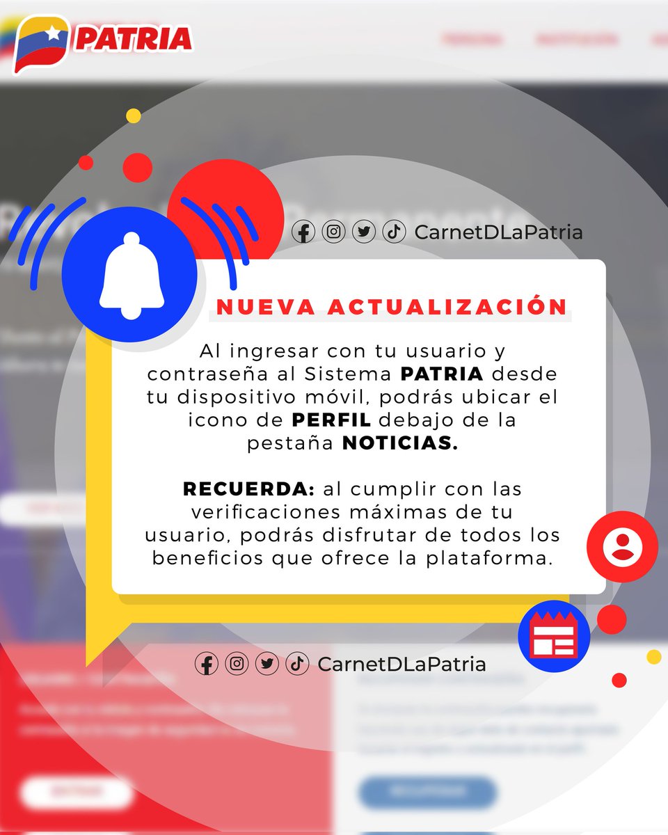 CarnetDLaPatria's tweet photo. ¡Nueva actualización! Al ingresar con tu usuario y contraseña al #SistemaPatria desde tu dispositivo móvil, podrás ubicar el icono de PERFIL debajo de la pestaña NOTICIAS.  
Verifica tu usuario y disfruta de los beneficios que ofrece la plataforma.

#TierraDeLibertadores #6Jul https://t.co/7NQjUxtXtE