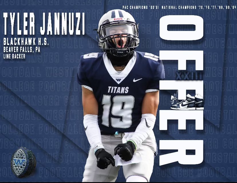 Received my first offer to play college football today <a href="/WCtitansFB/">Westminster Football</a> a great program, great academics, and great staff.  Thank you <a href="/JoshWrightson56/">Coach Josh Wrightson</a> for believing in me! <a href="/coachbenzel/">Scott Benzel</a> <a href="/CoachBongi/">Michael Bongivengo</a> <a href="/CoachHayward/">Zack Hayward</a> <a href="/BHSCougarSports/">Blackhawk Athletics</a> @BHCougars <a href="/jordanblyles/">Jordan Lyles</a>