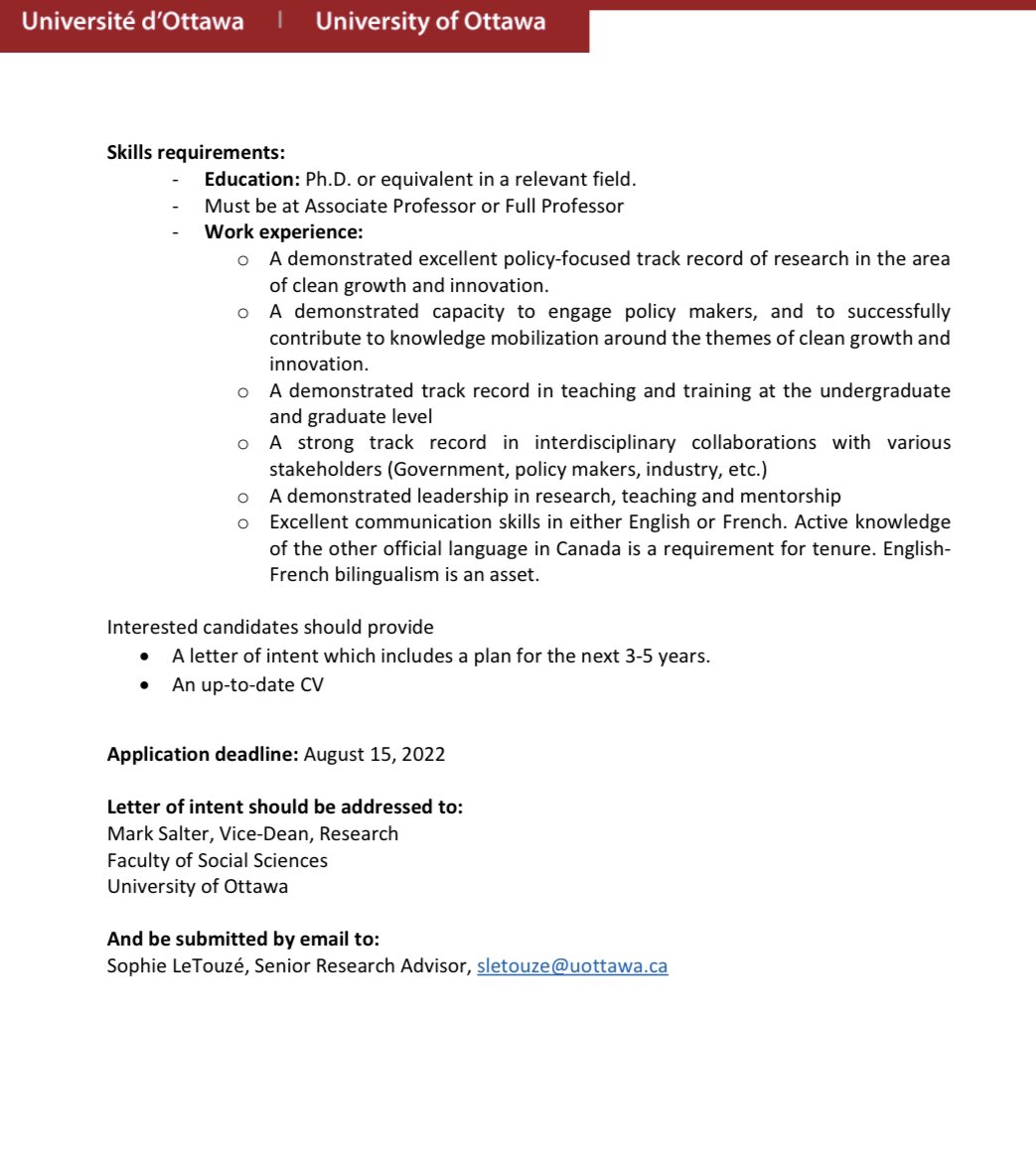 rolandparis's tweet image. The University of Ottawa is accepting applications for the Jarislowsky Chair in Clean Economy and Innovation (Full Professor), funded by a $4 million endowment. 

Info attached. Pass it on.