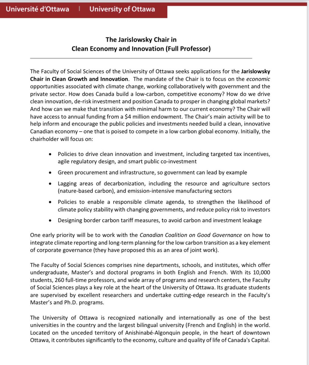 rolandparis's tweet image. The University of Ottawa is accepting applications for the Jarislowsky Chair in Clean Economy and Innovation (Full Professor), funded by a $4 million endowment. 

Info attached. Pass it on.