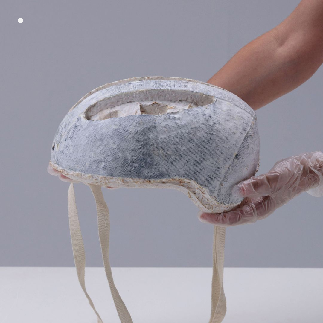 A Dutch design studio has created a compostable bicycle helmet made from biomaterials. Constructed from hemp and fungus, the helmet is produced without fossil fuels.

Image courtesy of studioMOM.