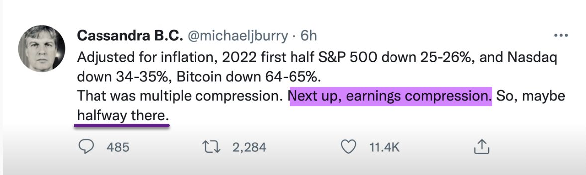 SamanthaLaDuc's tweet photo. June 23rd to clients:

"I've discussed for months the concept of PEAK LIQUIDITY with PEAK VALUATIONS. It's now time to pivot to PEAK EARNINGS."

😉I have good company on my peak earnings call... Michael Burry sees equities falling much further on EPS contraction. $SPX

#HalfDone https://t.co/LJK3HQL4m3