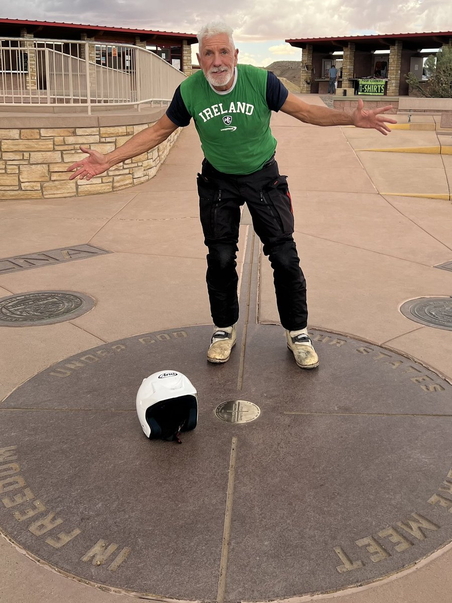 Biketruck's tweet photo. Standing at the Four Corners of New Mexico, Colorado, Arizona and Utah. I just added Ireland 🇮🇪 ☘️😁 - Bike rides like a dream and gets lots of attention here! 
#TriumphTiger1200RallyPro 

#BDR #COBDR #ButlerMaps #USA #ADV

@officialtriumph @MoskoMoto @OverlandJournal @UKTriumph https://t.co/TKEDGERW8r