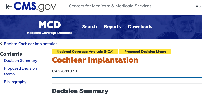acialliance's tweet photo. CMS announced today that evidence sufficient to expand #cochlearimplant coverage for bilateral pre/post-sensorineural moderate-to-profound hearing loss under Medicare w/ limited benefit from amplification defined as sentence test scores >60% correct. https://t.co/UpU4g0XaOR. https://t.co/9fhuGwhTFm