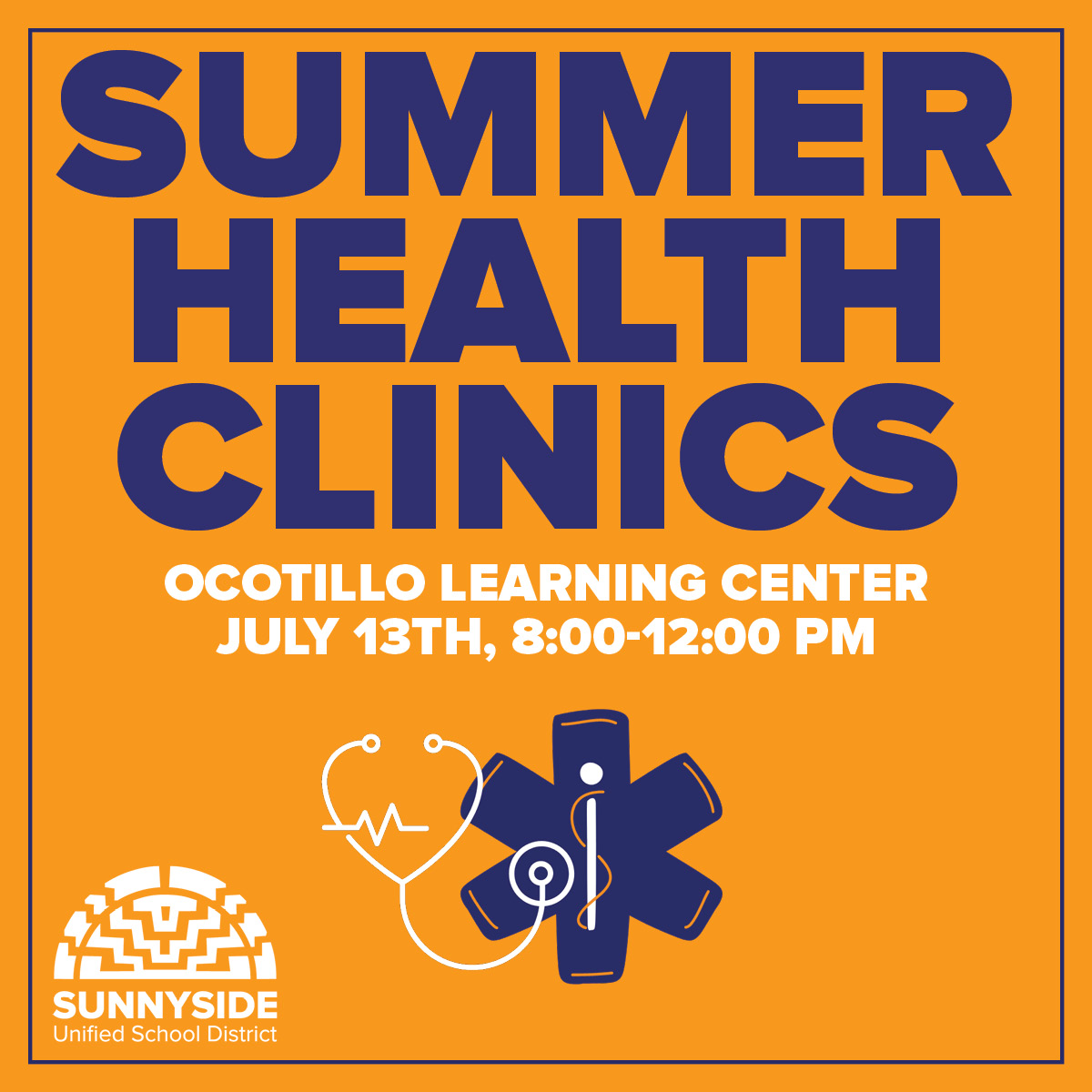 SUMMER HEALTH CLINIC— 

Next Wednesday at Ocotillo Learning Center, there will be a summer health clinic for families. These clinics will offer free immunizations and sports physicals and vision/hearing screening that will cost $25.