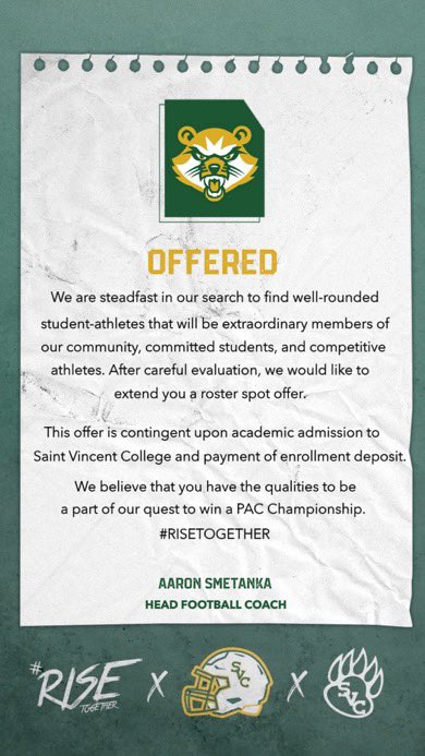 After a great conversation with @CoachPHamilton I’m blessed to receive my first offer from Saint Vincent College!! @SVC_Football @CoachSmetanka @coachivy1788 @DennisBiggs16 @CoachDonHoll1 @GatewayGatorsFB @GatorsGarfield