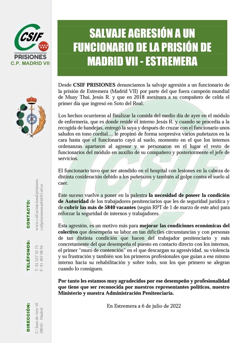 CSIFMINTERIOR's tweet photo. SALVAJE AGRESIÓN A UN FUNCIONARIO en la prisión de Madrid VII - Estremera @EFEnoticias @europapress @antena3com @elmundoes @InformativosTM @el_pais @COPE @esRadio @CSIFnacional @CSIFPRISIONES https://t.co/ALIbjnlXHW