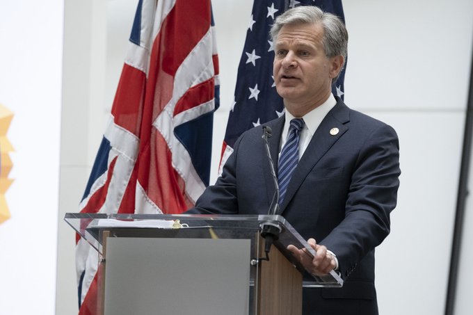 FBI Director Christopher Wray speaks at a July 6 event in London.