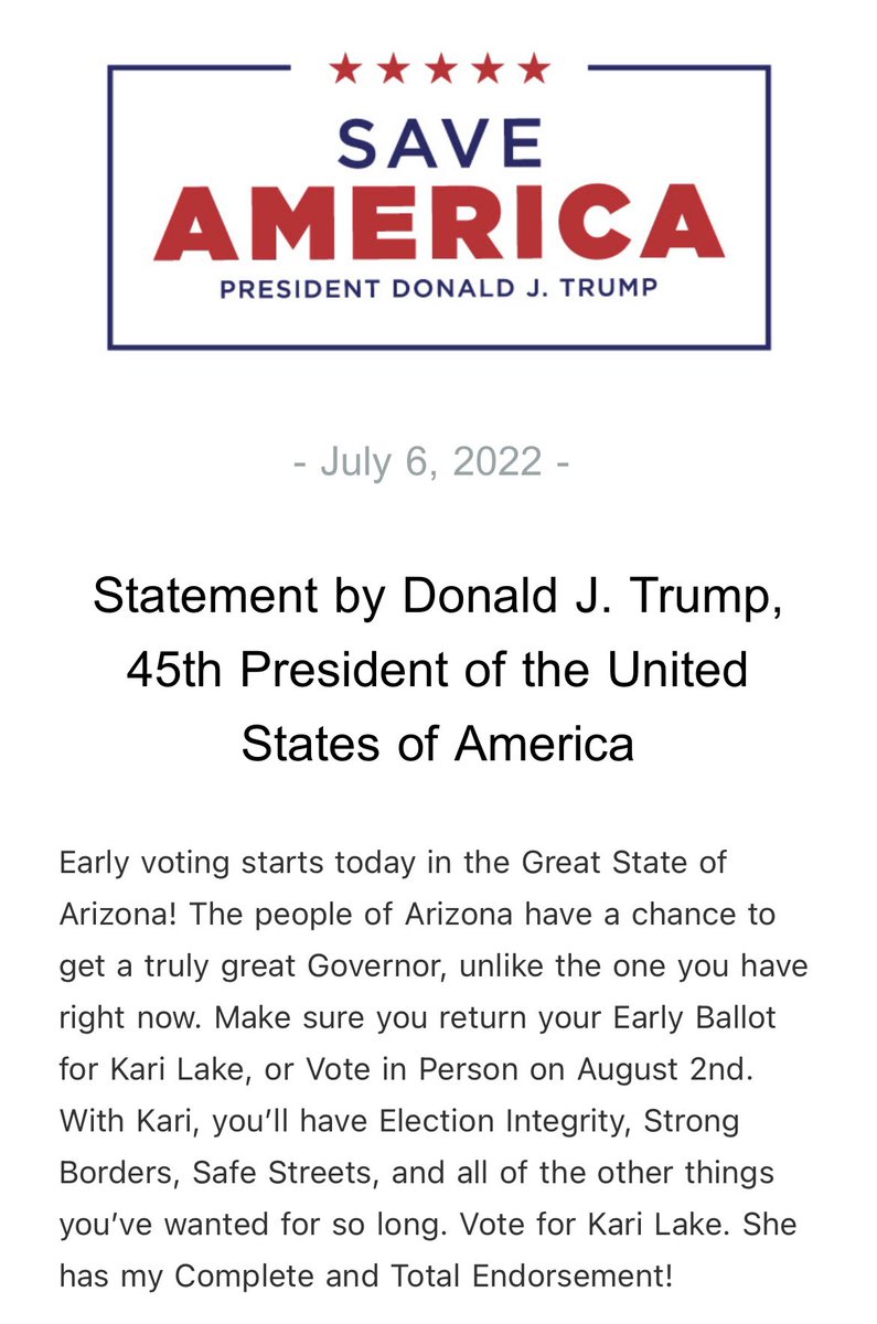 RSBNetwork's tweet image. Statement by Donald J. Trump, 45th President of the United States of America

Re: @KariLake