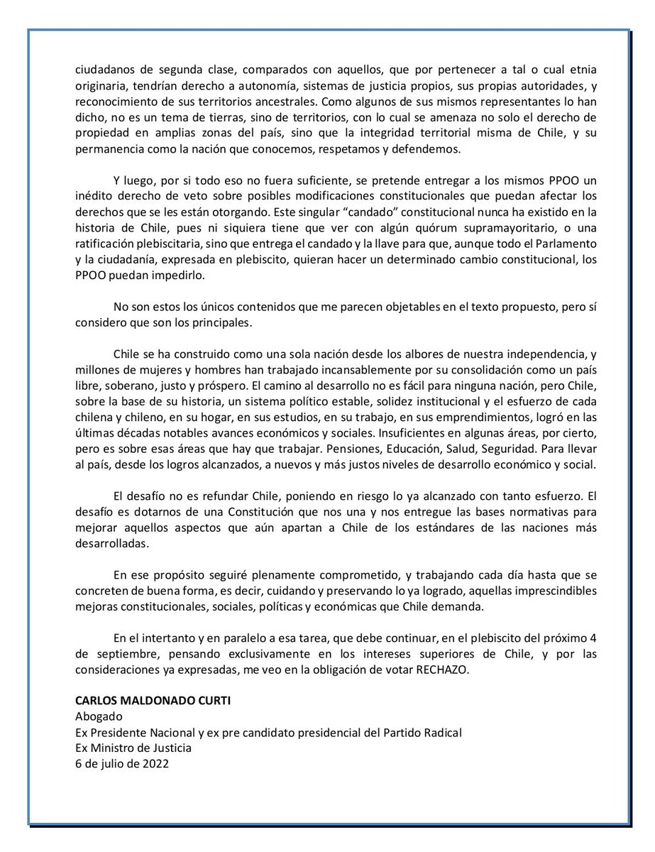 MaldonadoCurti's tweet photo. Luché x la democracia, fui parte de los gobiernos de centroizquierda, como Presidente del @PRadicalcl firmé acuerdo 15N, e impulsé con entusiasmo el Apruebo en plebiscito 2020.
Hoy, viendo el texto emanado d la CC, y por las razones señaladas en declaración adjunta,votaré RECHAZO https://t.co/WuidKnTbIa
