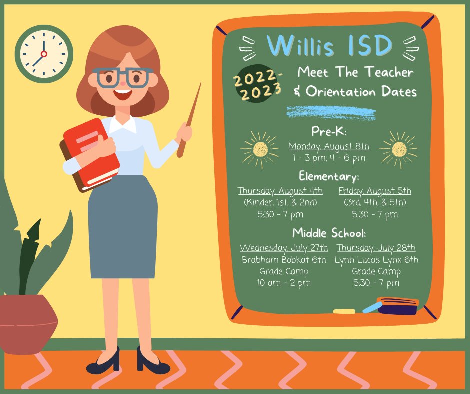 WillisSchools's tweet photo. Meet the Teacher/Orientation dates have been finalized for Pre-K, Elementary, and Middle School and we are so excited to welcome students back into our halls! 

Dates for your student's Meet the Teacher are listed at the link provided: https://t.co/w4cfTwiTmO https://t.co/lHpxq0dVRR