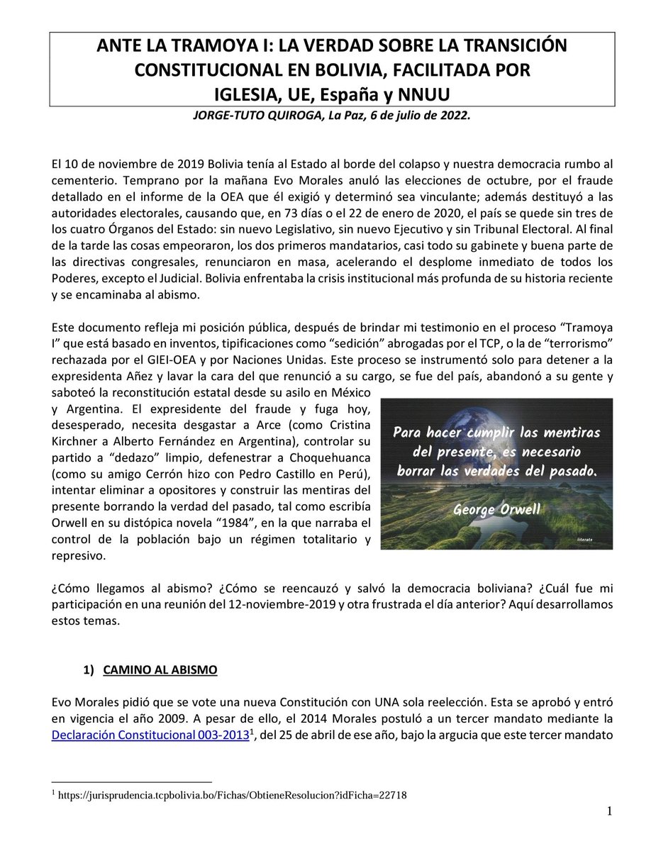 Ante la "Tramoya 1" Masista para perseguir a la oposición en #Bolivia, aquí está mi posición pública. Es hora que <a href="/UEenBolivia/">Unión Europea Bolivia</a> repudie la intención de tipificar como "terrorismo" la reunión que convocaron junto a la Iglesia. Aquí documento de 14 págs: 
shorturl.at/osTV8