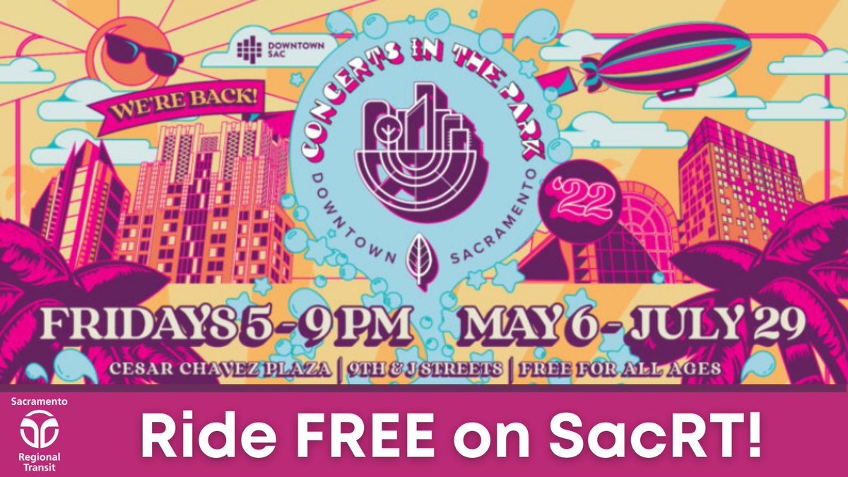 RideSacRT's tweet photo. ๐ถ We are offering FREE rides to Concerts in the Park at Cesar Chavez Plaza every Friday through July 29.
The next free concert is Friday, July 8, 2022. Visit https://t.co/qefkTTk20O to print or screenshot the flyer to ride FREE! #DowntownSac #CIPSAC https://t.co/i3L0FVaGF3