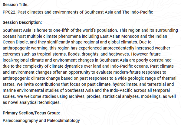 PaleoLipidRR's tweet photo. Here is the session description for #PP022 "Past climates and environments of Southeast Asia and The Indo-Pacific" 

Submit abstract to this session: https://t.co/5pVdgiB9RK

See you there in #Chicago this December at #AGUFallMeeting https://t.co/qaVaS0jsjJ