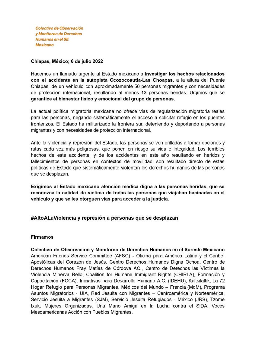 ⚠️#AlertaFronteraSur
🟠 Desde el #COMDHSM hacemos un llamado urgente al Estado mexicano a investigar los hechos relacionados con el accidente en la autopista Ocozocoautla-Las Choapas y otorgar vías para el acceso a la justicia.