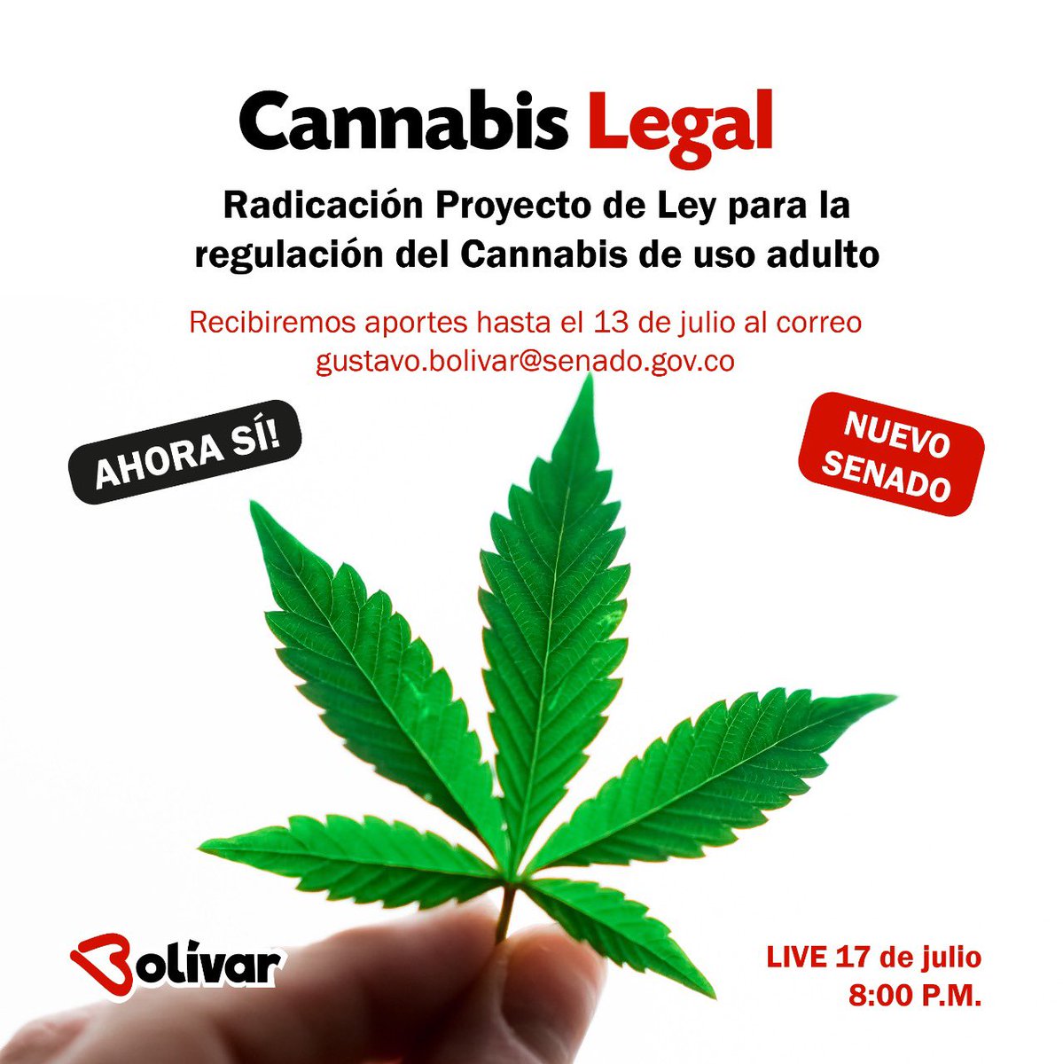 GustavoBolivar's tweet photo. #MeGustaLaIdea 
¡Cannabis legal!
El 20 de julio presentó de nuevo el Proyecto de Ley q regula la Marihuana de uso adulto.
Con nuestras mayorías vamos a aprobarlo.
Dejaremos de matarnos por una planta q en USA produce 25.000 millones de dólares/año y mejora la salud del consumidor https://t.co/A2RgUvnuQZ
