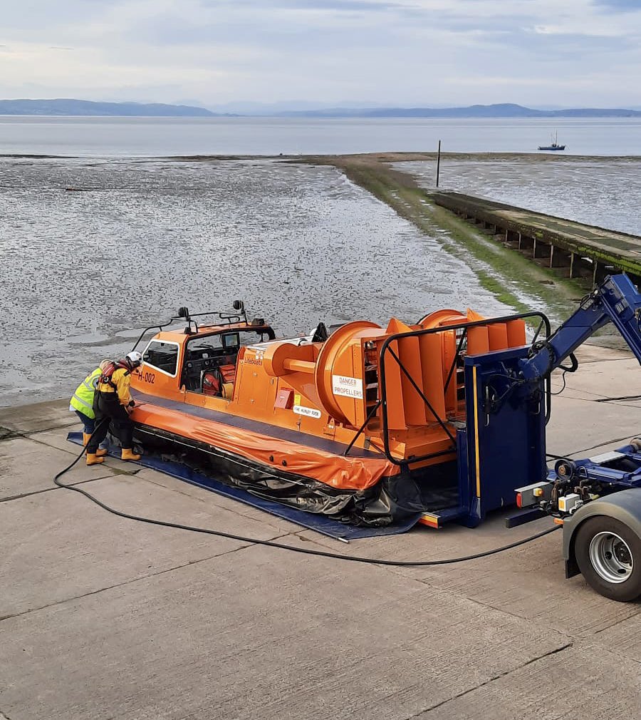 1/2 On Tuesday 5th July 2022 at 9.30pm Morecambe RNLI hovercraft was tasked by the coastguard to a report of 2 people in the water half a mile west of Heysham village. 
The volunteer crew members conducted a search of the area