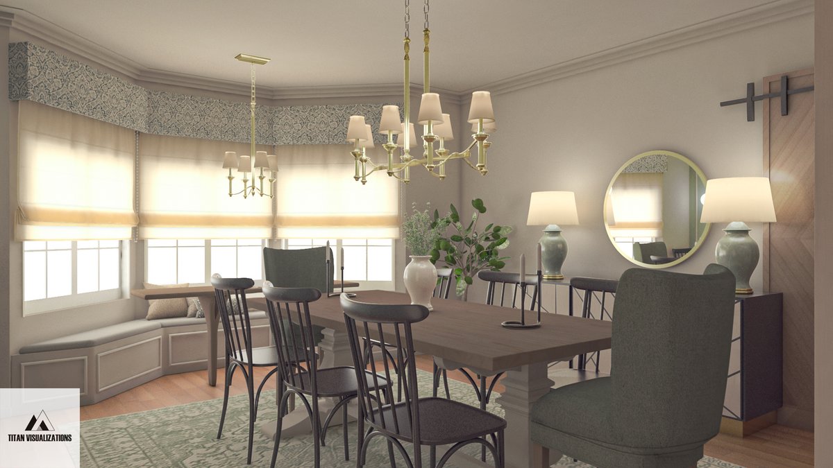 TitanViz's tweet photo. Modern farmhouse style dining room with breakfast area corner next to the window for maximum daylight illumination. 
Designed by the creative Areen Hamarneh-Haddad
In collaboration with @Livingschemesinteriors
CG by: Titan Visualizations
#3Ds_Max #V_Ray #Rendering #Photoshop_CC https://t.co/XpmgC2Of99