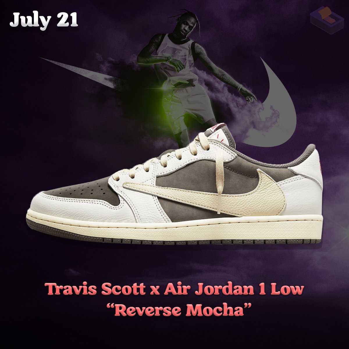 Secretsauce's tweet photo. Travis Scott is BACK. This month brings us the Reverse Mocha Travis Scott x Air Jordan 1 Low. Slated for full family sizing and a release on July 21st. Could this be a contender for shoe of the year? 
Sauce Members are going to have access in a number of ways 😈 https://t.co/grTn3SN7I7